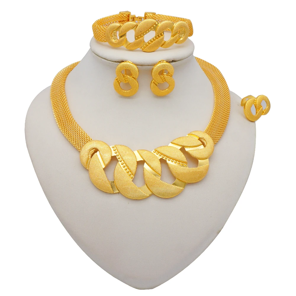 Dubai Women Gold Color Jewelry Sets African Wedding Bridal Gifts For Saudi Arab Necklace Bracelet Earrings Ring Jewellery Set