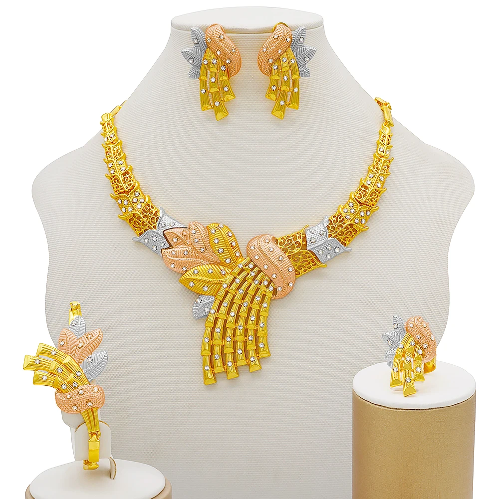 Dubai Women Gold Color Jewelry Sets African Wedding Bridal Gifts For Saudi Arab Necklace Bracelet Earrings Ring Jewellery Set