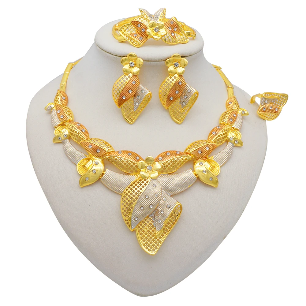 Dubai Women Gold Color Jewelry Sets African Wedding Bridal Gifts For Saudi Arab Necklace Bracelet Earrings Ring Jewellery Set