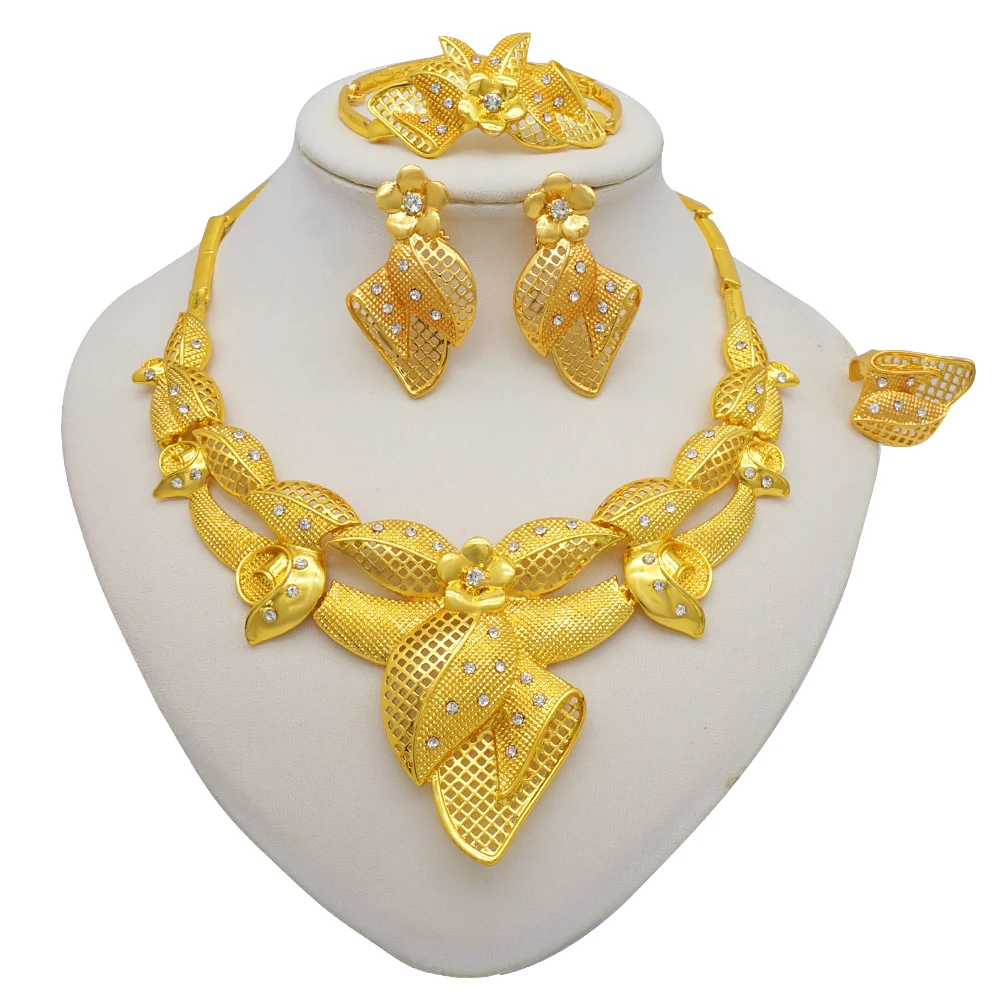 Dubai Women Gold Color Jewelry Sets African Wedding Bridal Gifts For Saudi Arab Necklace Bracelet Earrings Ring Jewellery Set