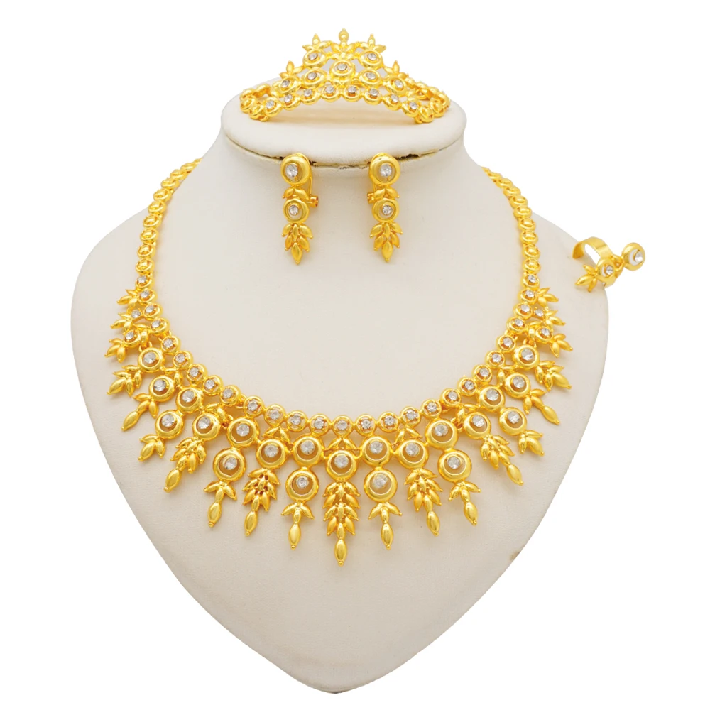 Dubai Women Gold Color Jewelry Sets African Wedding Bridal Gifts For Saudi Arab Necklace Bracelet Earrings Ring Jewellery Set