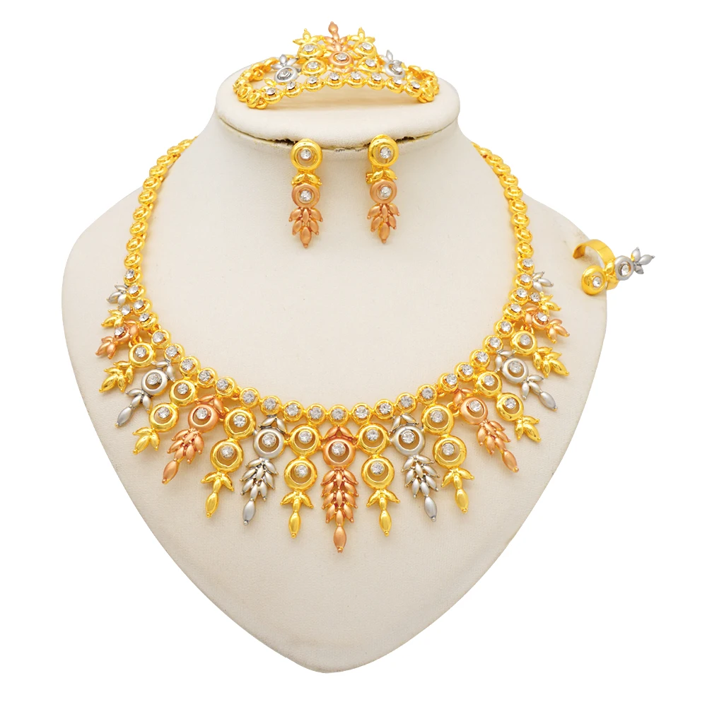 Dubai Women Gold Color Jewelry Sets African Wedding Bridal Gifts For Saudi Arab Necklace Bracelet Earrings Ring Jewellery Set