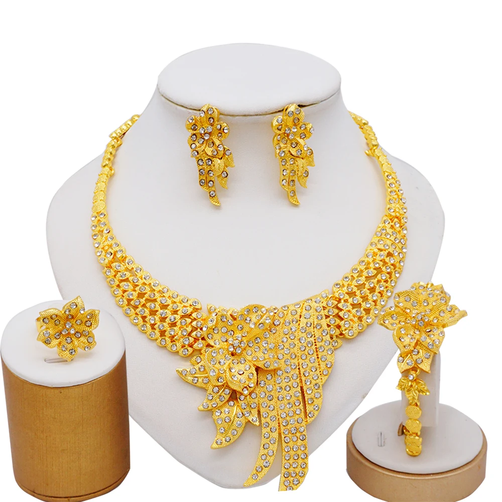 Dubai Women Gold Color Jewelry Sets African Wedding Bridal Gifts For Saudi Arab Necklace Bracelet Earrings Ring Jewellery Set