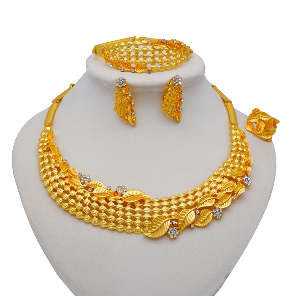 Dubai Women Gold Color Jewelry Sets African Wedding Bridal Gifts For Saudi Arab Necklace Bracelet Earrings Ring Jewellery Set