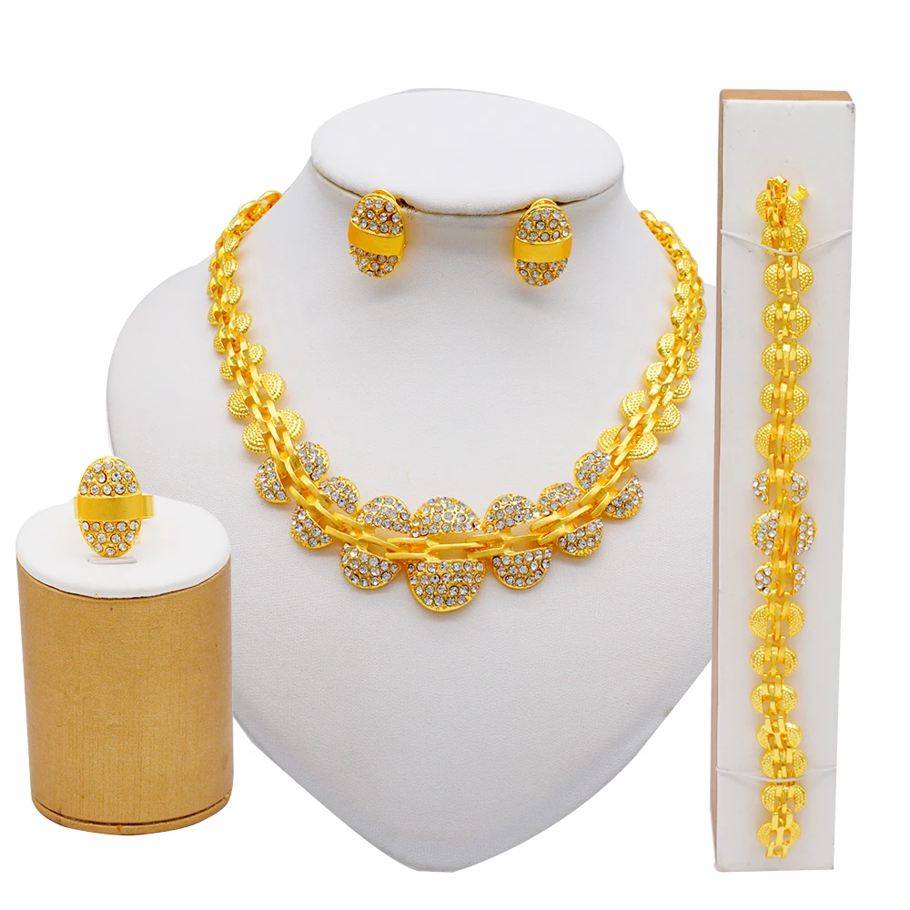 Dubai Women Gold Color Jewelry Sets African Wedding Bridal Gifts For Saudi Arab Necklace Bracelet Earrings Ring Jewellery Set