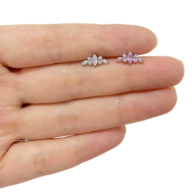 ASTM F136 Titanium Ear PIERC Curved Bar Earrings 7 CZ  Paved Top Threaded Labret Stud Tragus Lip Ring Body Piercing Jewelry