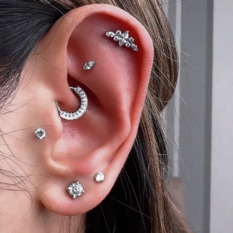 ASTM F136 Titanium Ear PIERC Curved Bar Earrings 7 CZ  Paved Top Threaded Labret Stud Tragus Lip Ring Body Piercing Jewelry