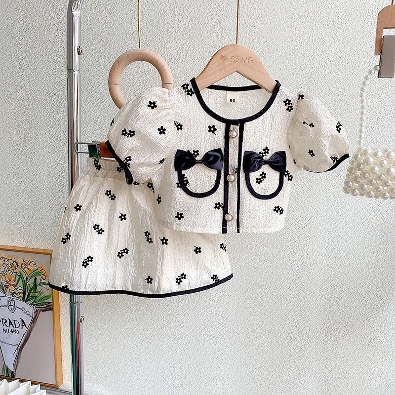 Girls Clothing Set 2023 New Summer Short Sleeve Shirt Top & Floral Skirt 2PCS Children Clothing Kids Clothes Sets 2 to 8 Years