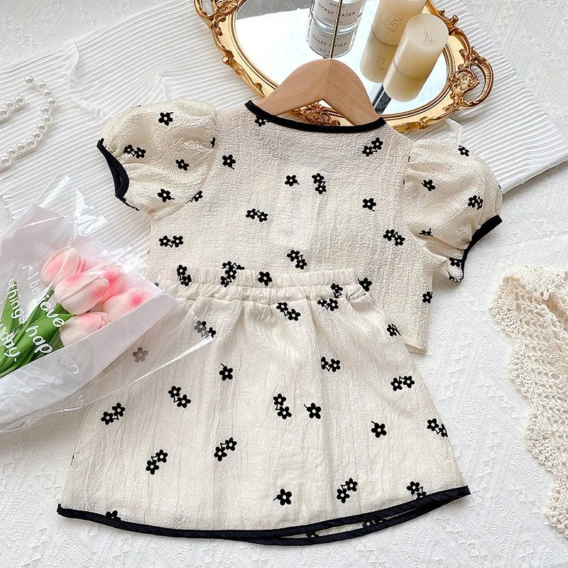 Girls Clothing Set 2023 New Summer Short Sleeve Shirt Top & Floral Skirt 2PCS Children Clothing Kids Clothes Sets 2 to 8 Years