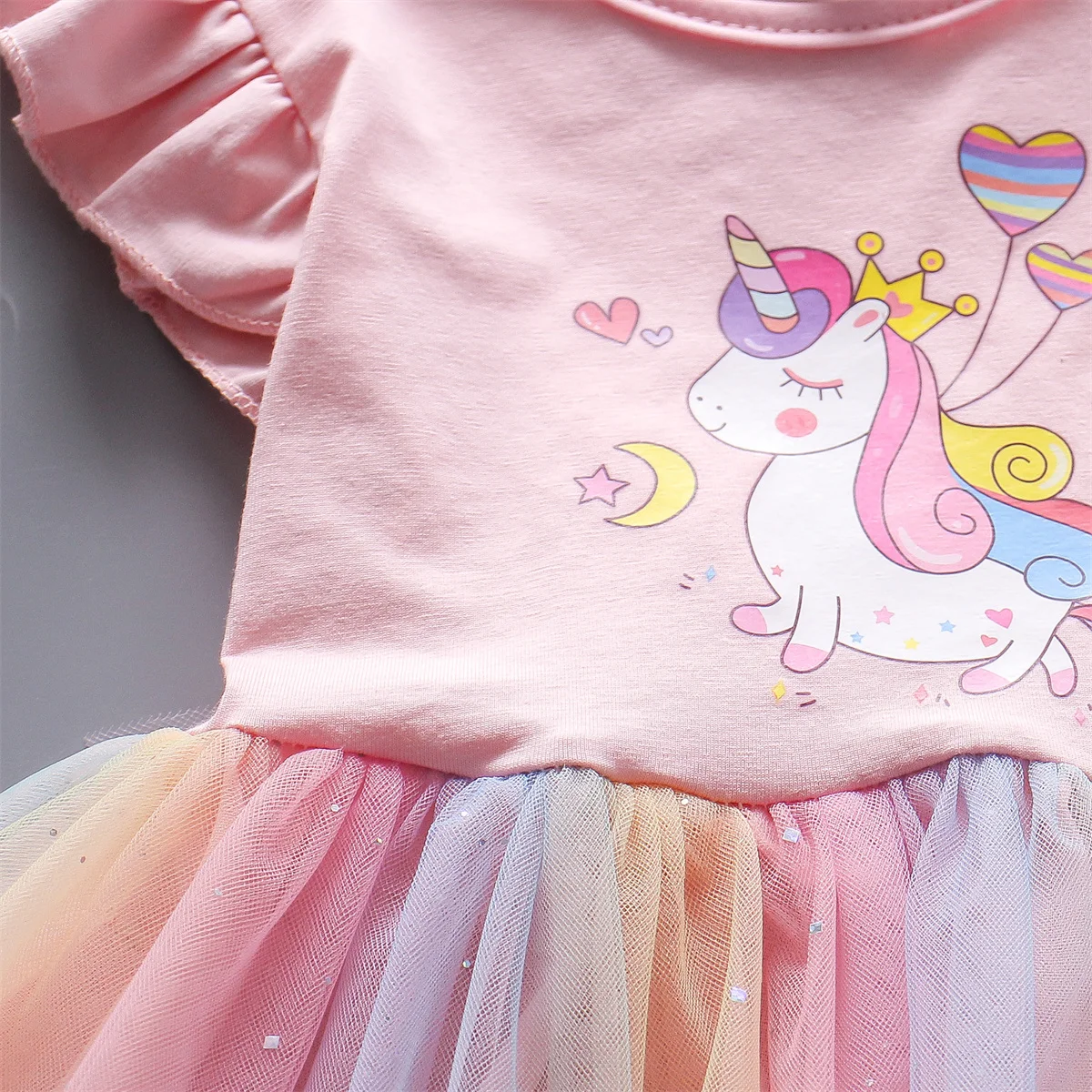 A Cute Girl'S Dress From 0 To 3 Years Old In Summer Sleeveless Love Trojan Horse Print Patchwork Rainbow Mesh Daily Casual Dress
