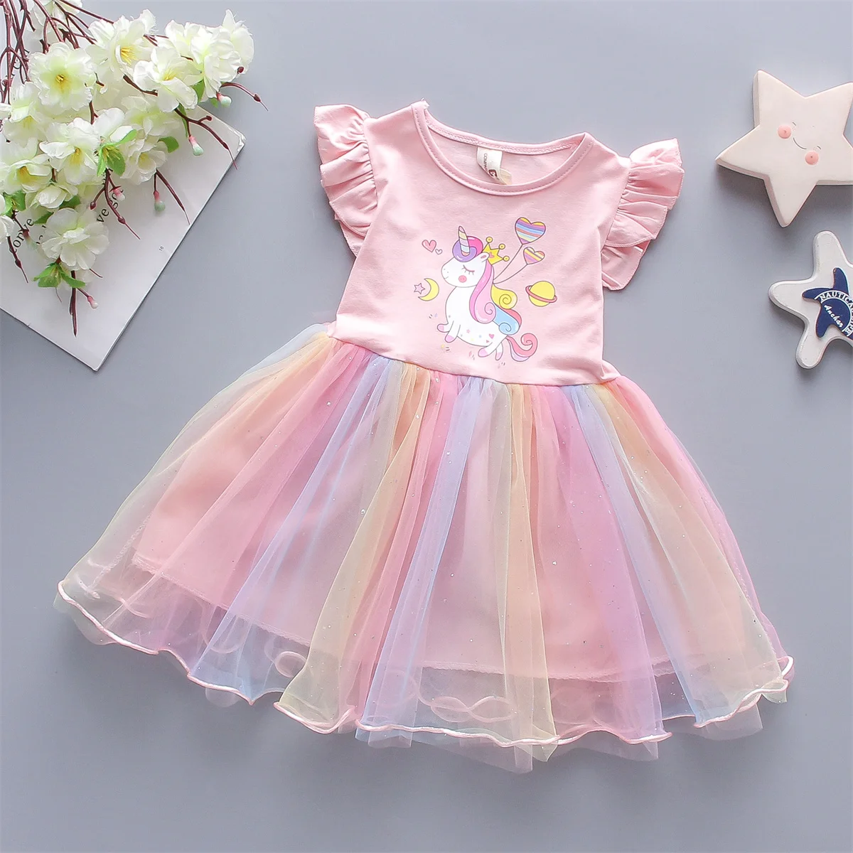 A Cute Girl'S Dress From 0 To 3 Years Old In Summer Sleeveless Love Trojan Horse Print Patchwork Rainbow Mesh Daily Casual Dress