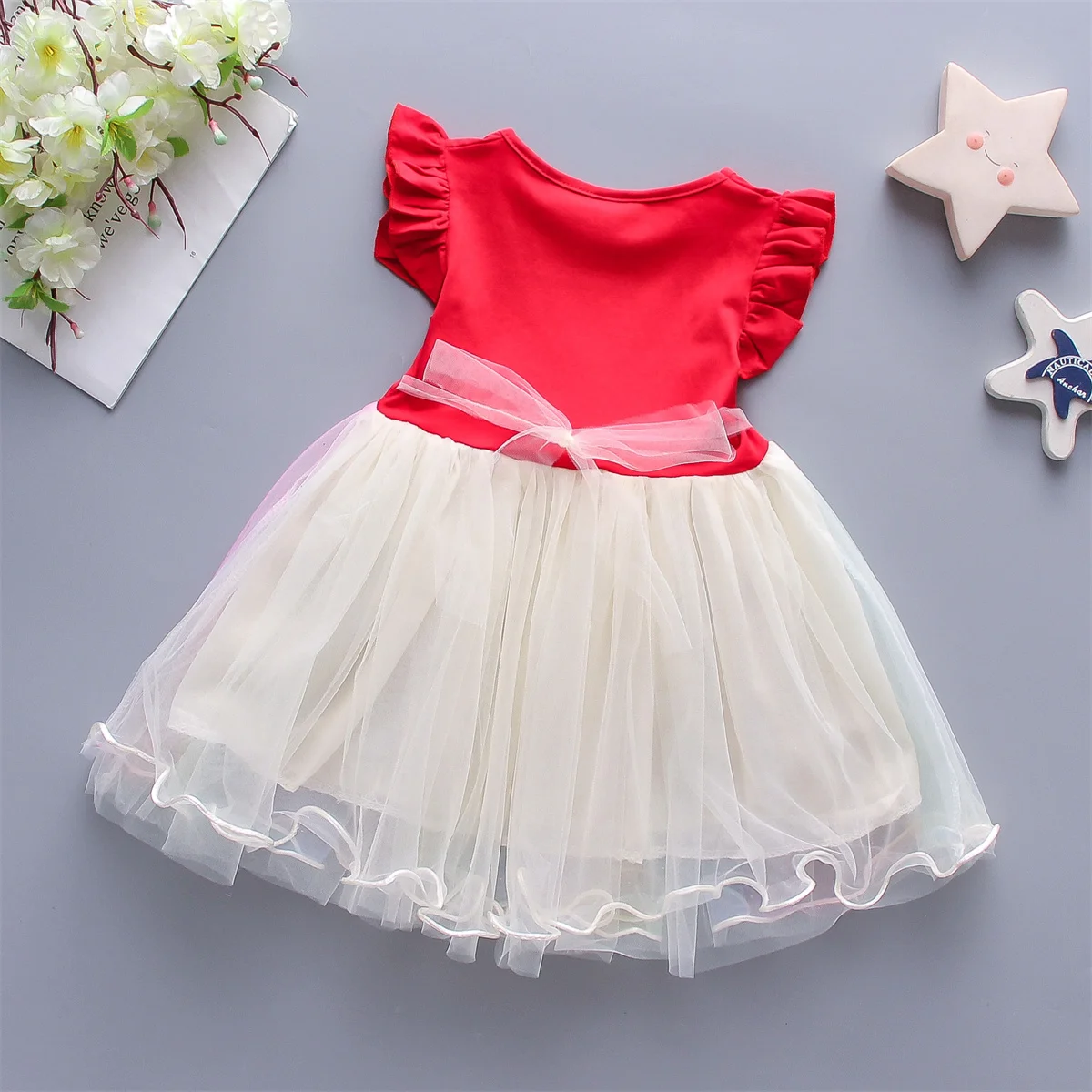 A Cute Girl'S Dress From 0 To 3 Years Old In Summer Sleeveless Love Trojan Horse Print Patchwork Rainbow Mesh Daily Casual Dress