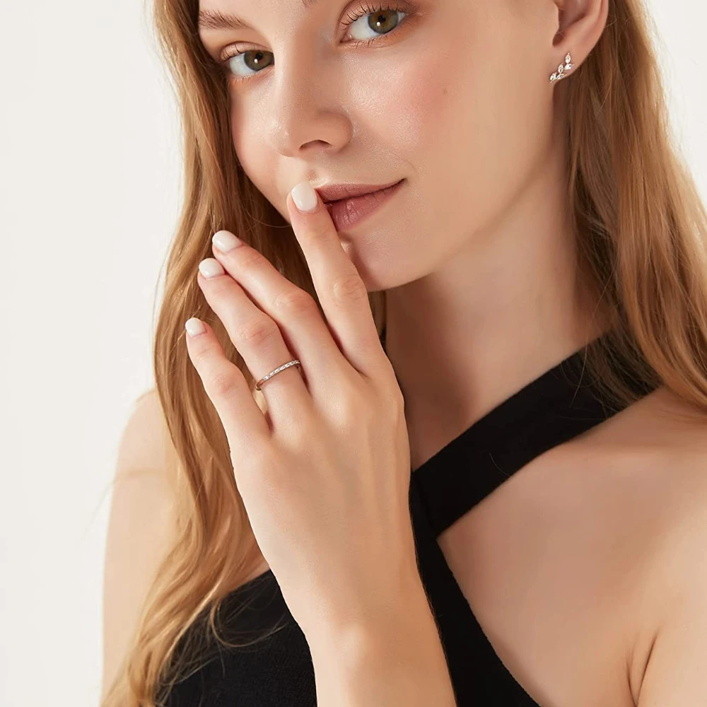 Trumium Half Eternity Rings for Women Baguette Cubic Zircon Anniversary Ring Minimalist Bridal Statement Band Thin Stacking Ring