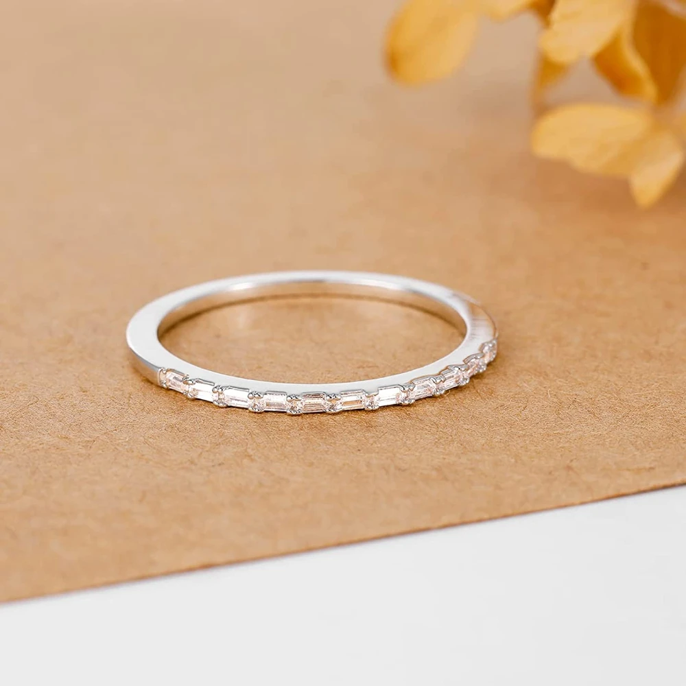 Trumium Half Eternity Rings for Women Baguette Cubic Zircon Anniversary Ring Minimalist Bridal Statement Band Thin Stacking Ring