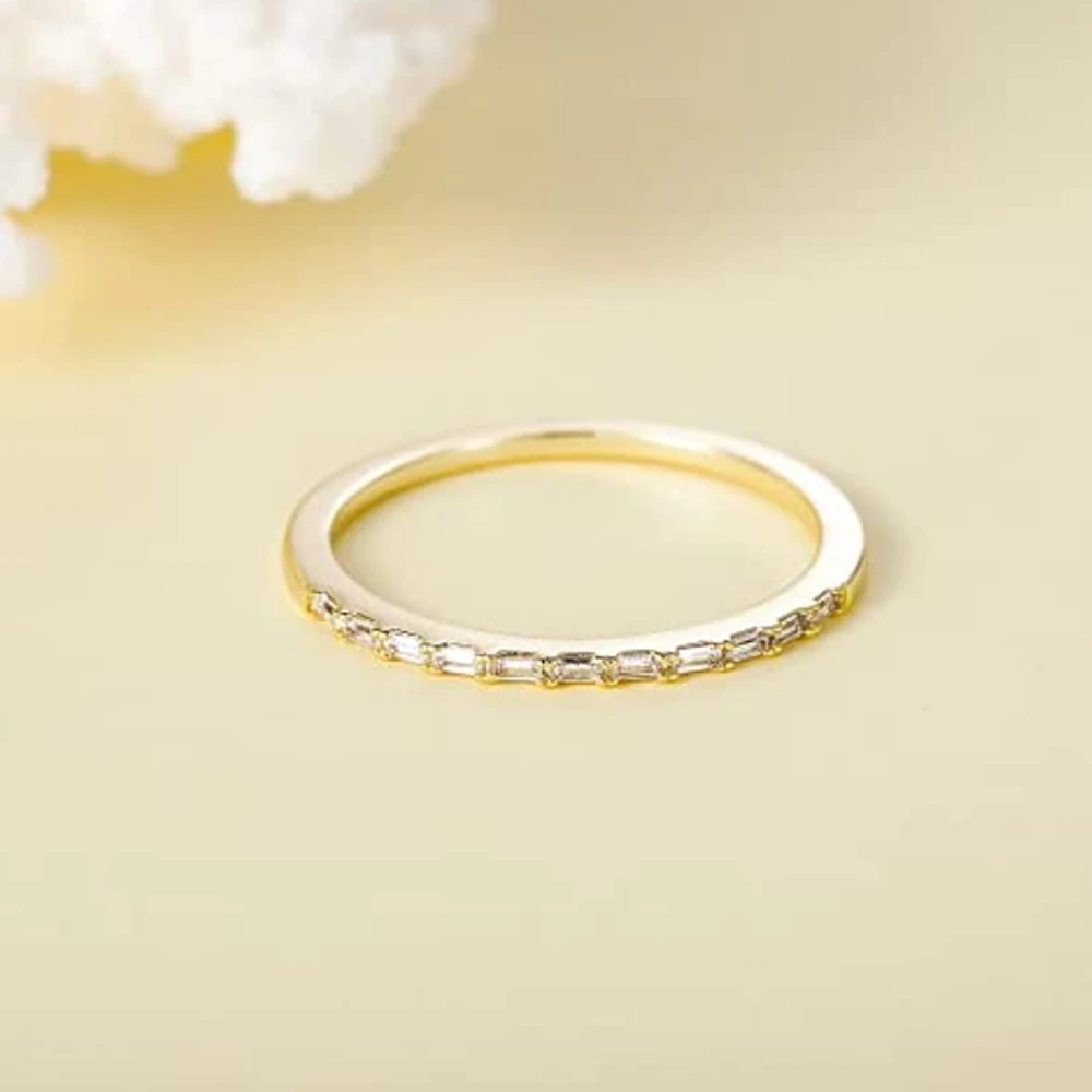 Trumium Half Eternity Rings for Women Baguette Cubic Zircon Anniversary Ring Minimalist Bridal Statement Band Thin Stacking Ring