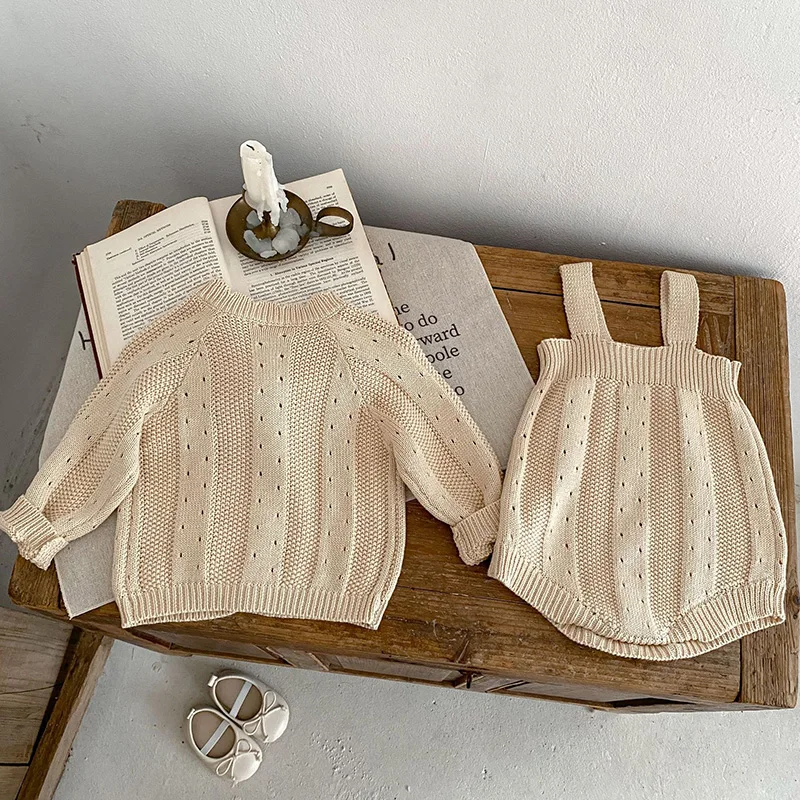 MILANCEL Toddler Baby Girl Clothing Set Embroidery Flower Knit Sweaters Beige Bodysuit Infant Girls Outfit