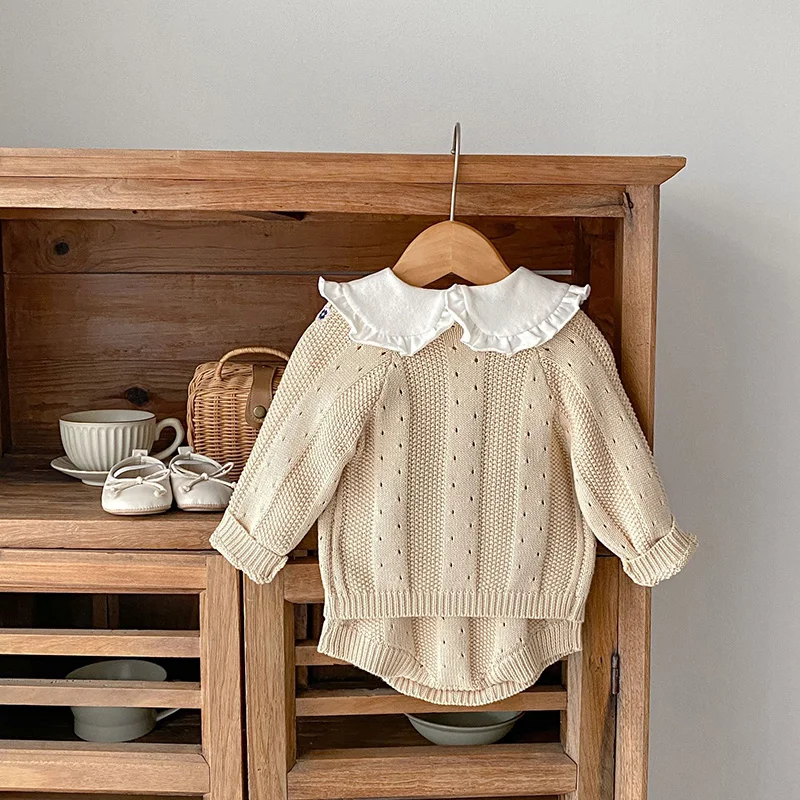 MILANCEL Toddler Baby Girl Clothing Set Embroidery Flower Knit Sweaters Beige Bodysuit Infant Girls Outfit
