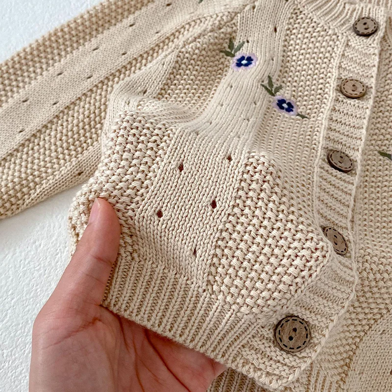 MILANCEL Toddler Baby Girl Clothing Set Embroidery Flower Knit Sweaters Beige Bodysuit Infant Girls Outfit