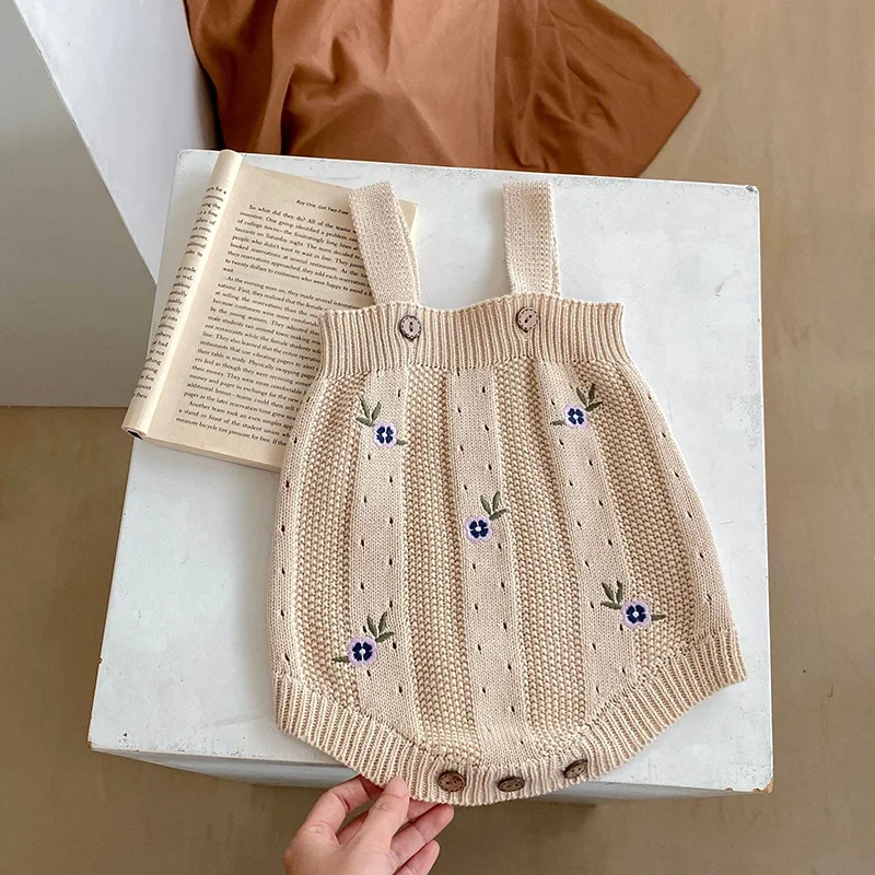 MILANCEL Toddler Baby Girl Clothing Set Embroidery Flower Knit Sweaters Beige Bodysuit Infant Girls Outfit