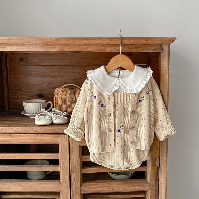 MILANCEL Toddler Baby Girl Clothing Set Embroidery Flower Knit Sweaters Beige Bodysuit Infant Girls Outfit
