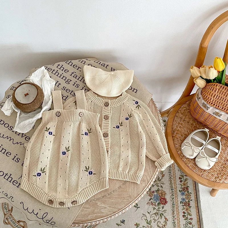 MILANCEL Toddler Baby Girl Clothing Set Embroidery Flower Knit Sweaters Beige Bodysuit Infant Girls Outfit