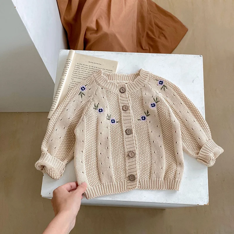 MILANCEL Toddler Baby Girl Clothing Set Embroidery Flower Knit Sweaters Beige Bodysuit Infant Girls Outfit