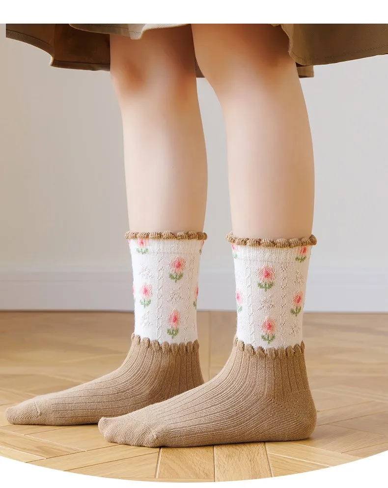 5 Pairs Spring  Autumn Socks Girls Brown Plaid Cotton Socks Girl Baby Boy Kids Soft Calcetines