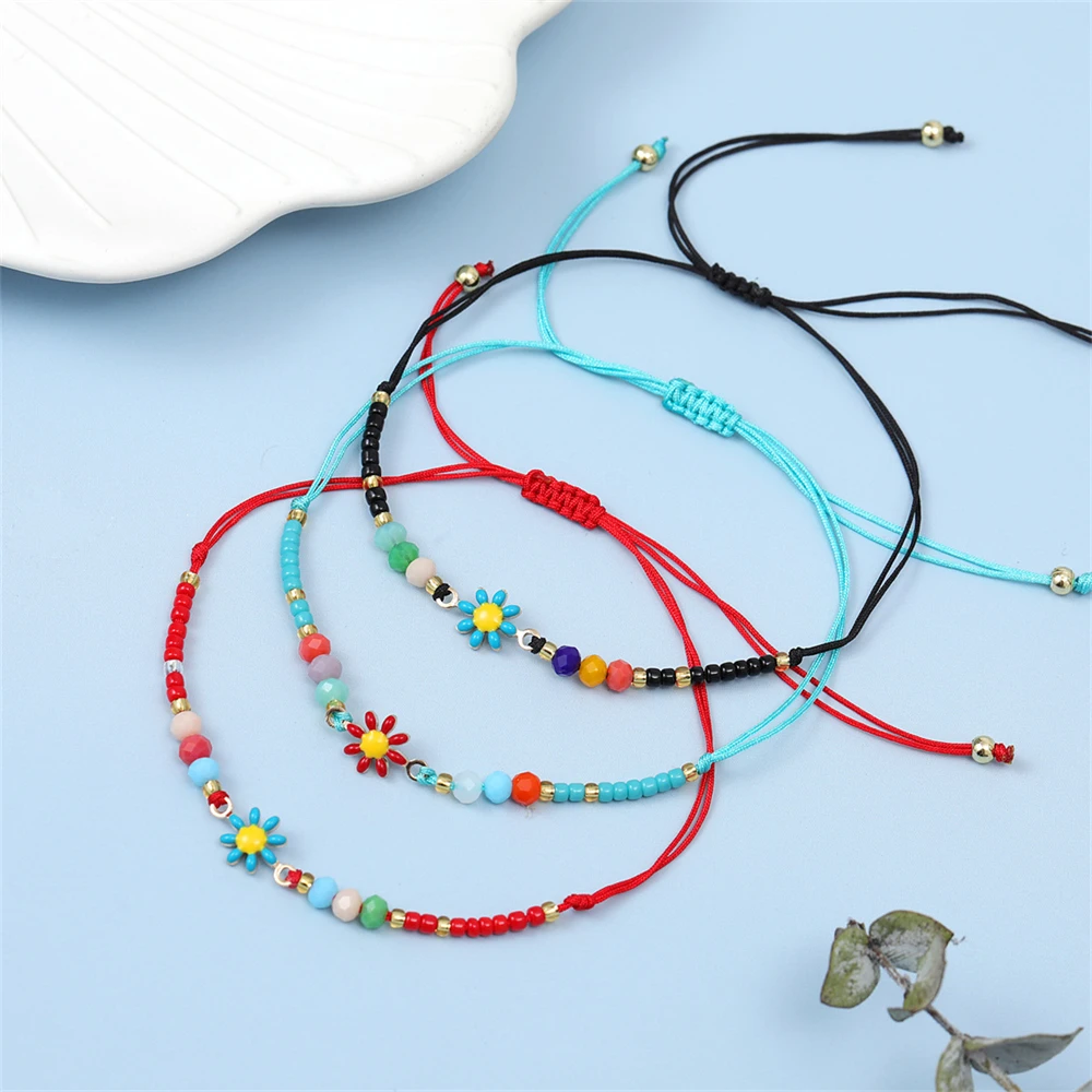 12Pcs/Lot Cute Daisy Flower Beaded Bracelet For Women Mix Color Handmade Elastic Stretch Wristband Bangle Jewelry