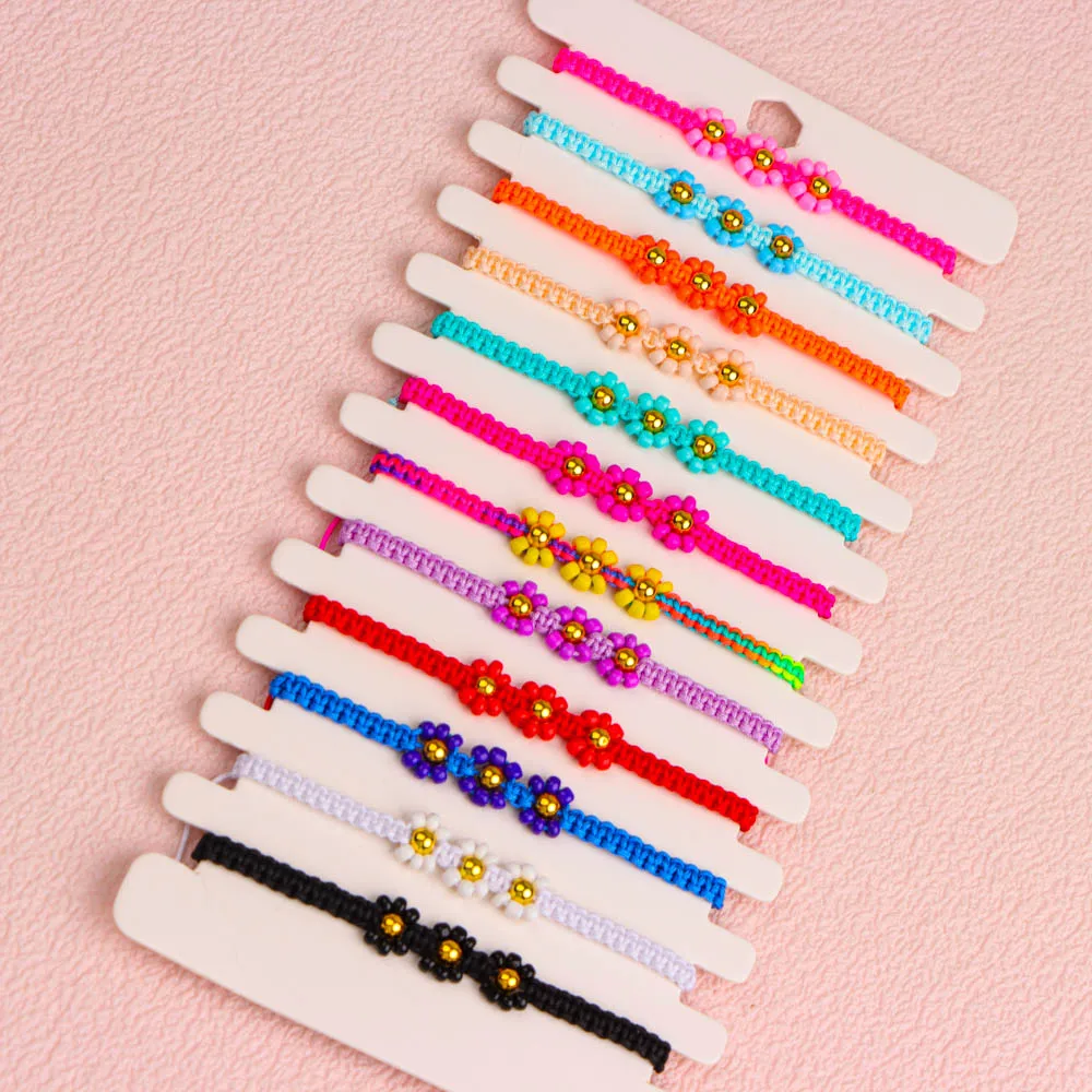 12Pcs/Lot Cute Daisy Flower Beaded Bracelet For Women Mix Color Handmade Elastic Stretch Wristband Bangle Jewelry