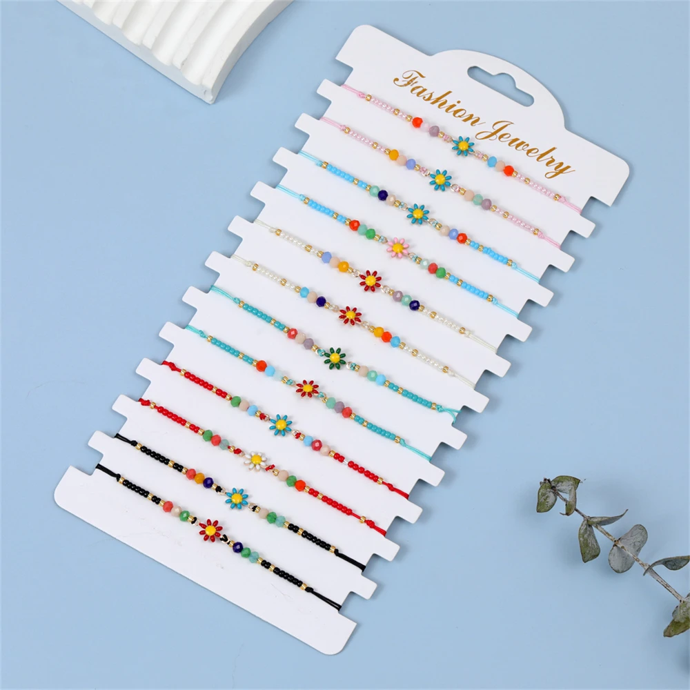 12Pcs/Lot Cute Daisy Flower Beaded Bracelet For Women Mix Color Handmade Elastic Stretch Wristband Bangle Jewelry