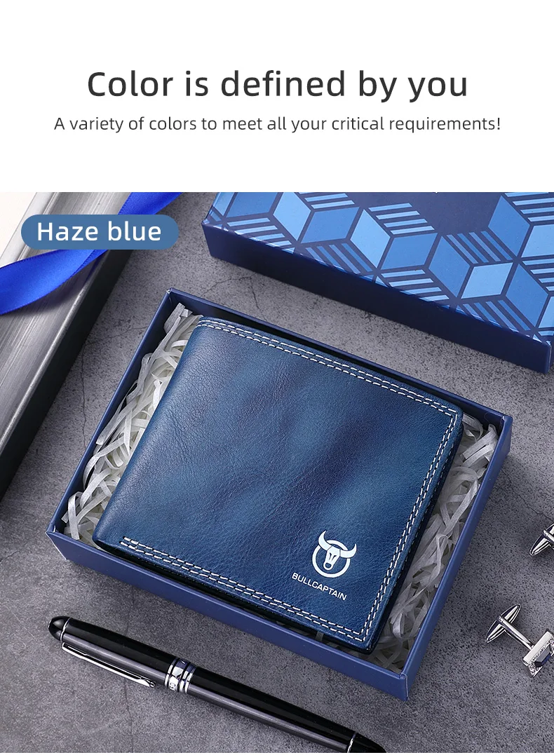 BULLCAPTAN Genuine Leather Men's Wallet RFID Function Fashion Men's Card Clip Wallet Latest Gift Box Men's Business Wallet QB032