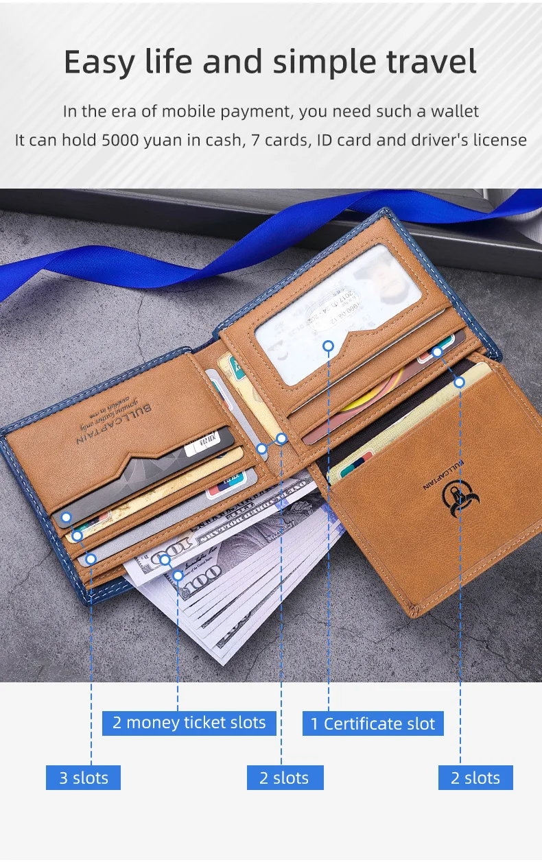 BULLCAPTAN Genuine Leather Men's Wallet RFID Function Fashion Men's Card Clip Wallet Latest Gift Box Men's Business Wallet QB032