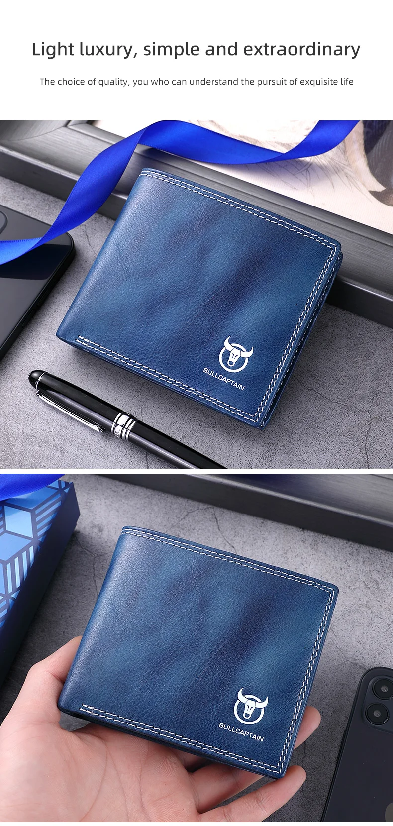 BULLCAPTAN Genuine Leather Men's Wallet RFID Function Fashion Men's Card Clip Wallet Latest Gift Box Men's Business Wallet QB032