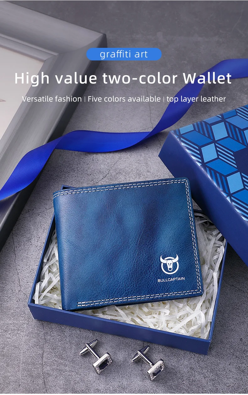 BULLCAPTAN Genuine Leather Men's Wallet RFID Function Fashion Men's Card Clip Wallet Latest Gift Box Men's Business Wallet QB032