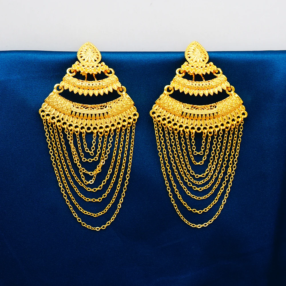 Luxury African Gold Color Tassel Drop Dangle Earring For Wedding Party Jewelry Dubai Arabic Indian Copper Long Hanging Earrings