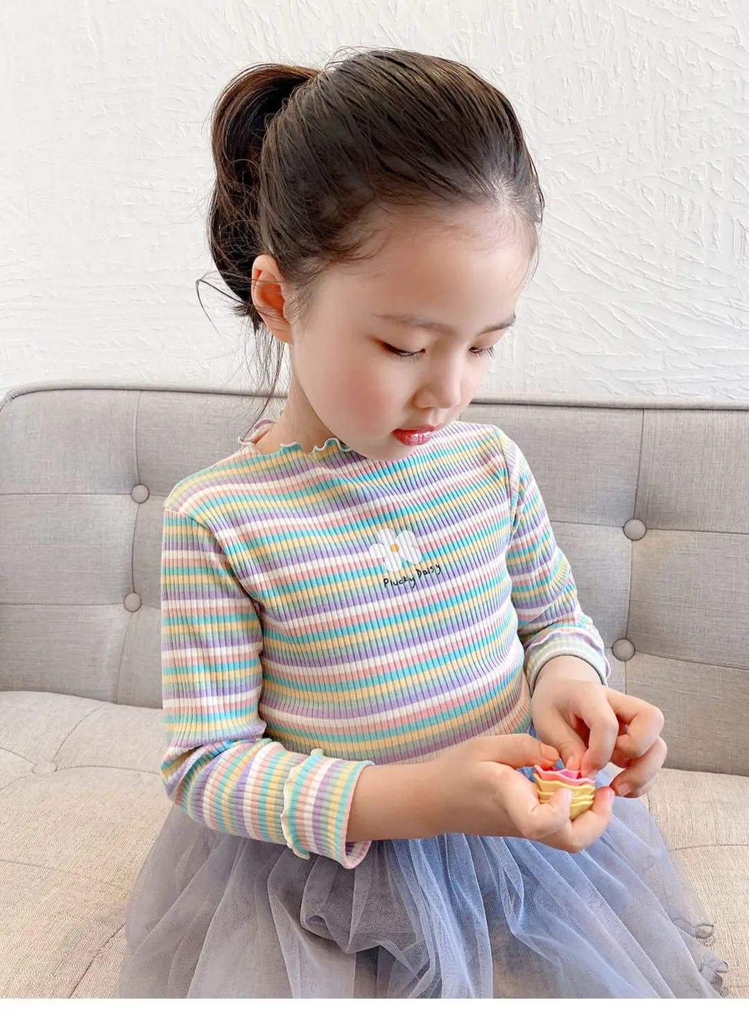 Children's T-Shirts Color Stripe Flower Printing Kids Clothes for 2 To 6 Years Girls Tshirts Boutique Outfits for Girls