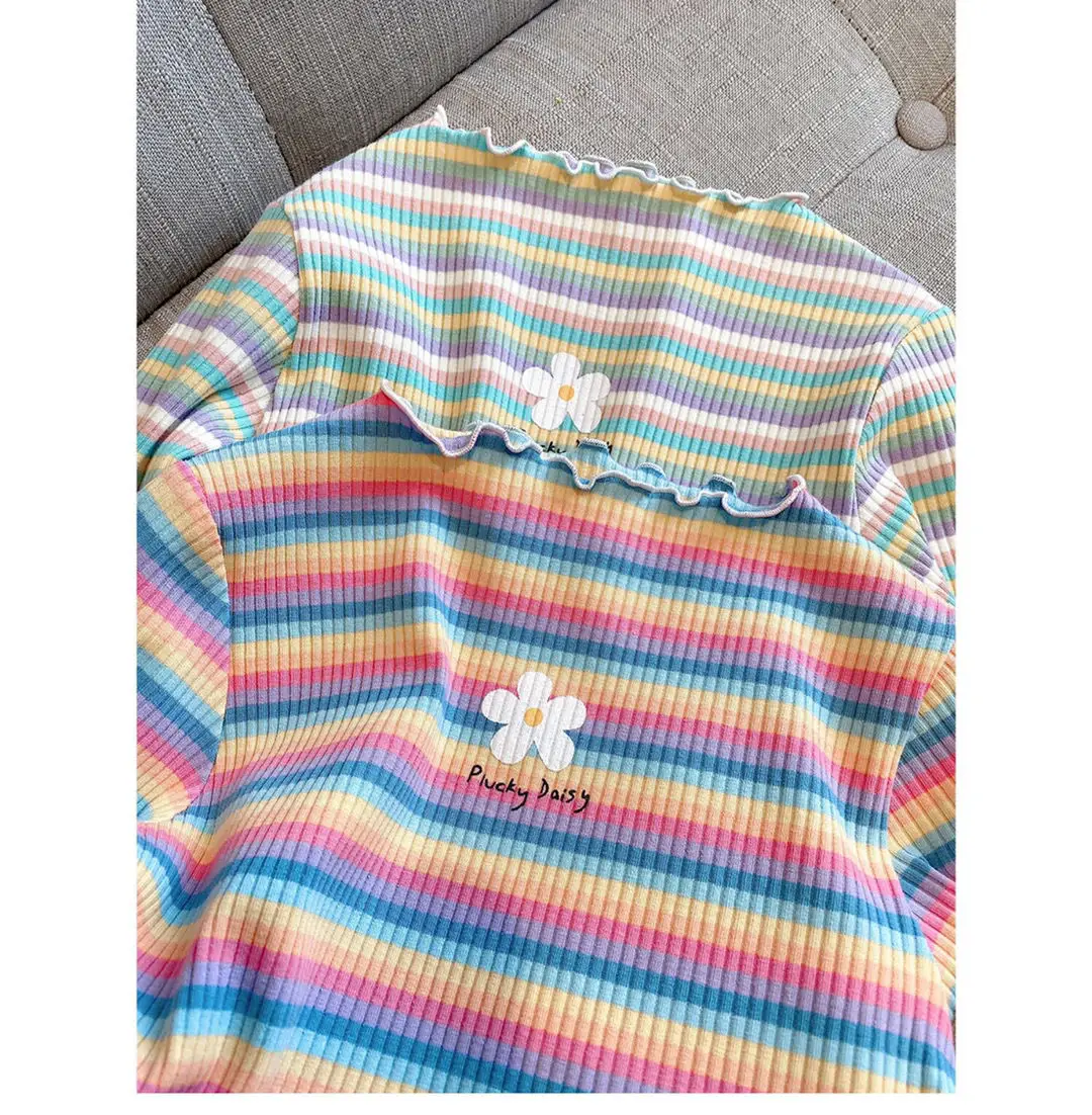 Children's T-Shirts Color Stripe Flower Printing Kids Clothes for 2 To 6 Years Girls Tshirts Boutique Outfits for Girls