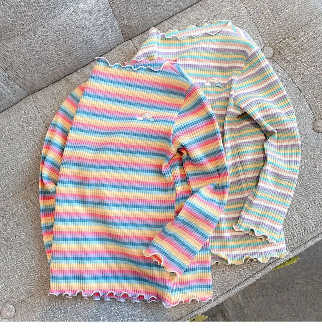 Children's T-Shirts Color Stripe Flower Printing Kids Clothes for 2 To 6 Years Girls Tshirts Boutique Outfits for Girls