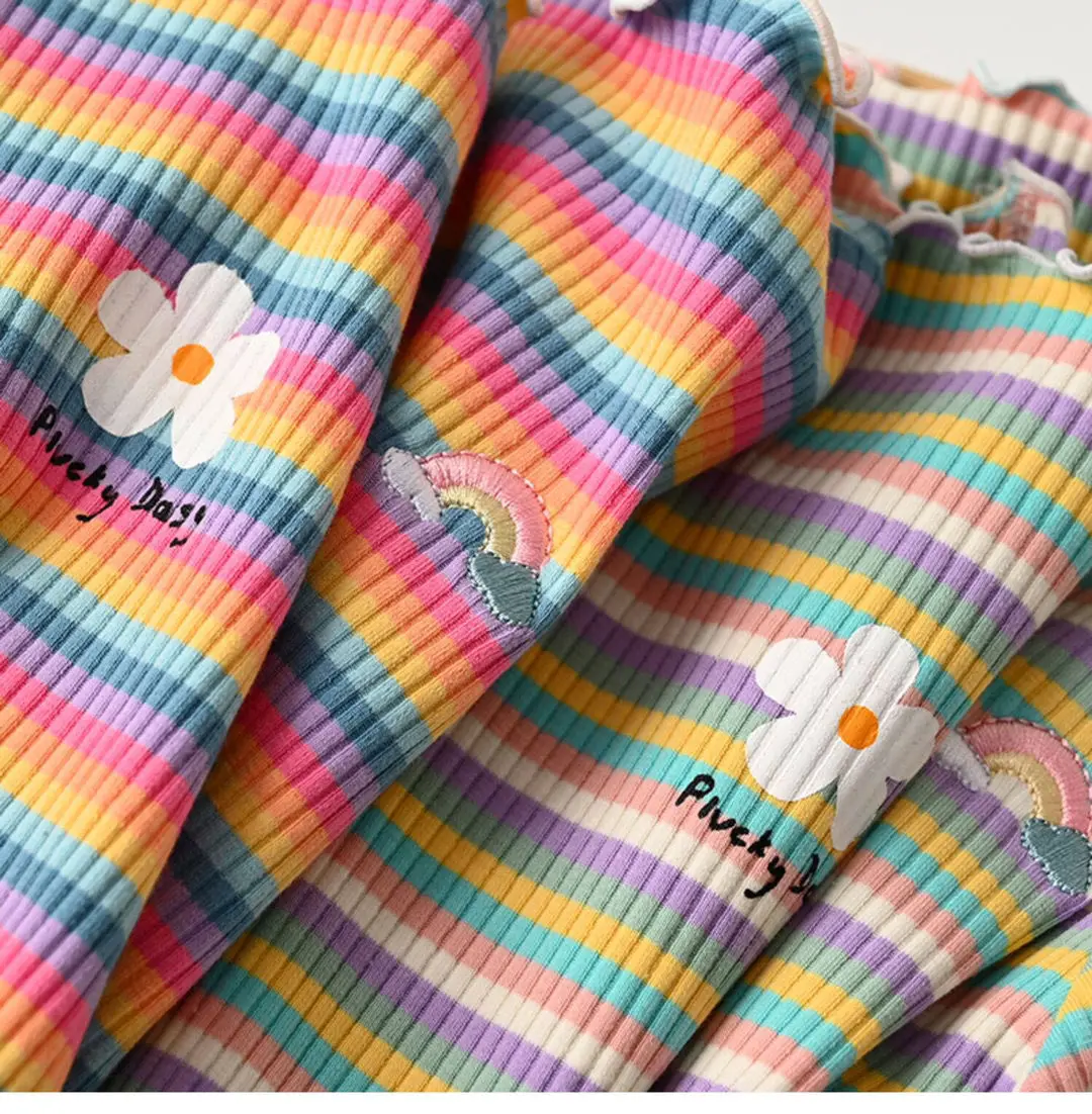 Children's T-Shirts Color Stripe Flower Printing Kids Clothes for 2 To 6 Years Girls Tshirts Boutique Outfits for Girls