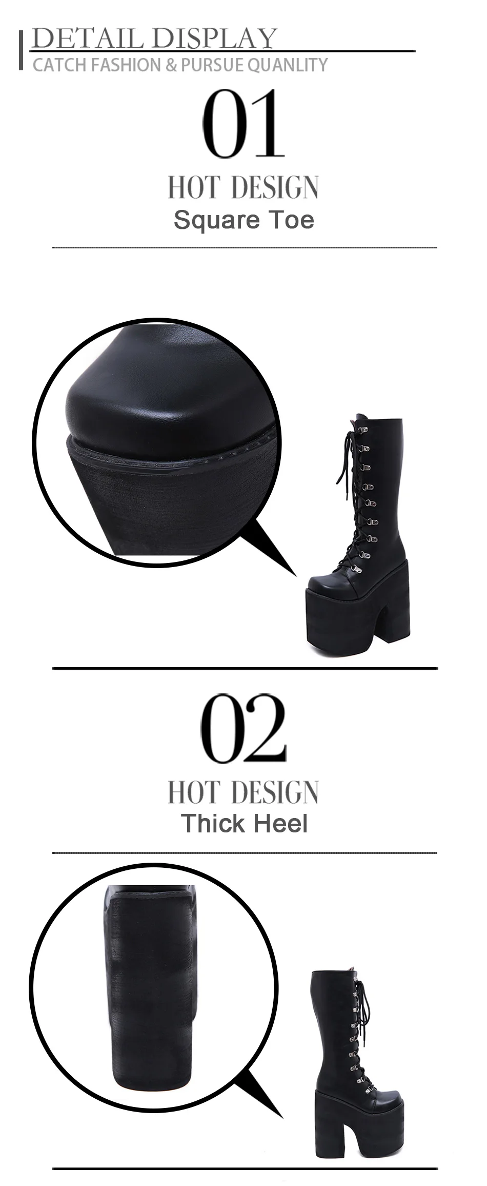 Gdgydh Women's Y2K Side Zipper Platform Boots Knee High Motorcycle Boots Black Closed Toe Lace Up Long Boots