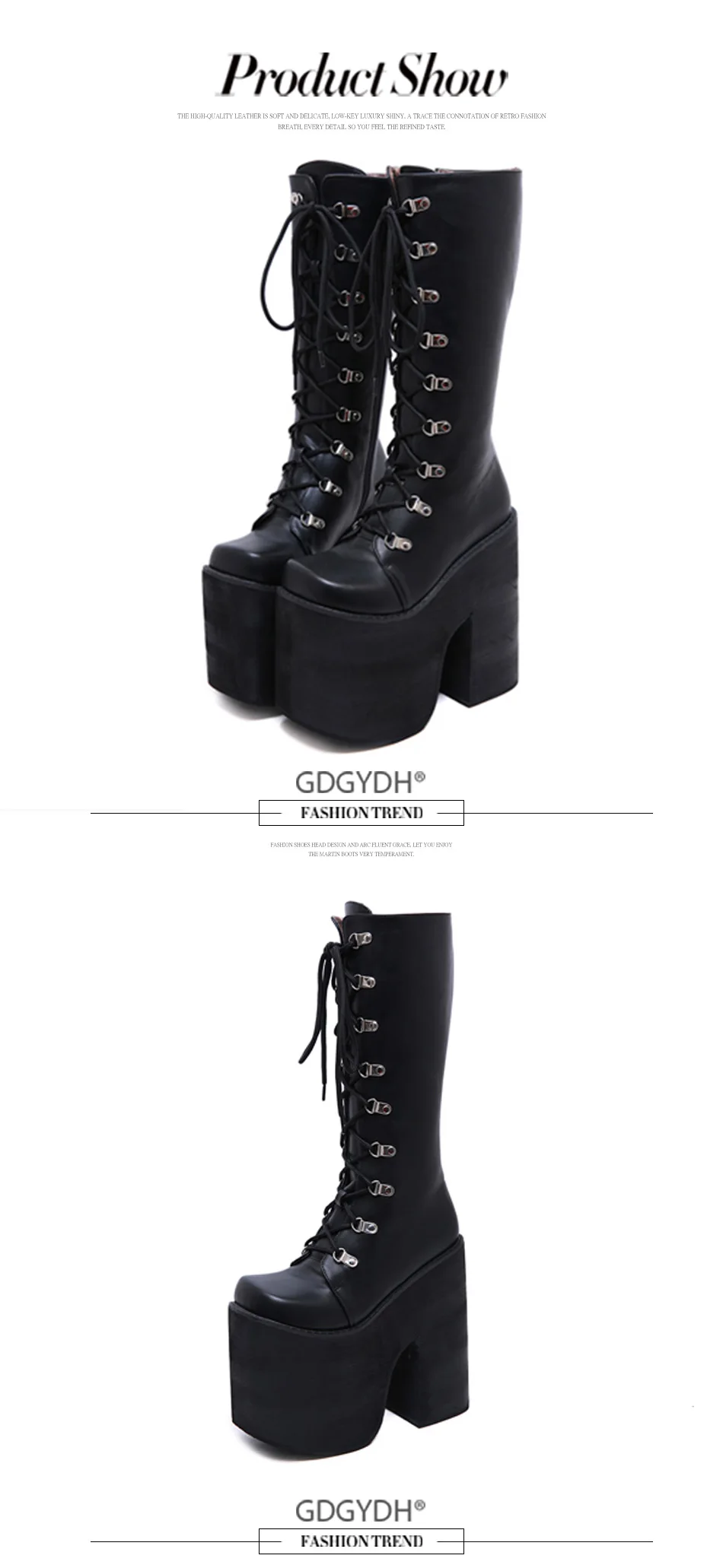 Gdgydh Women's Y2K Side Zipper Platform Boots Knee High Motorcycle Boots Black Closed Toe Lace Up Long Boots