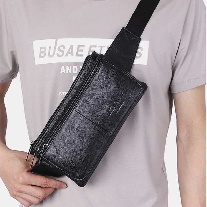 Men Waist Fanny Pack Belt Hip Bag Purse Genuine Leather Travel Fashion Real Cowhide Male Shoulder Sling Chest Cross Body Bag