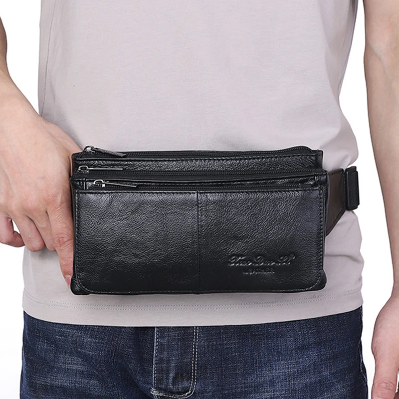 Men Waist Fanny Pack Belt Hip Bag Purse Genuine Leather Travel Fashion Real Cowhide Male Shoulder Sling Chest Cross Body Bag
