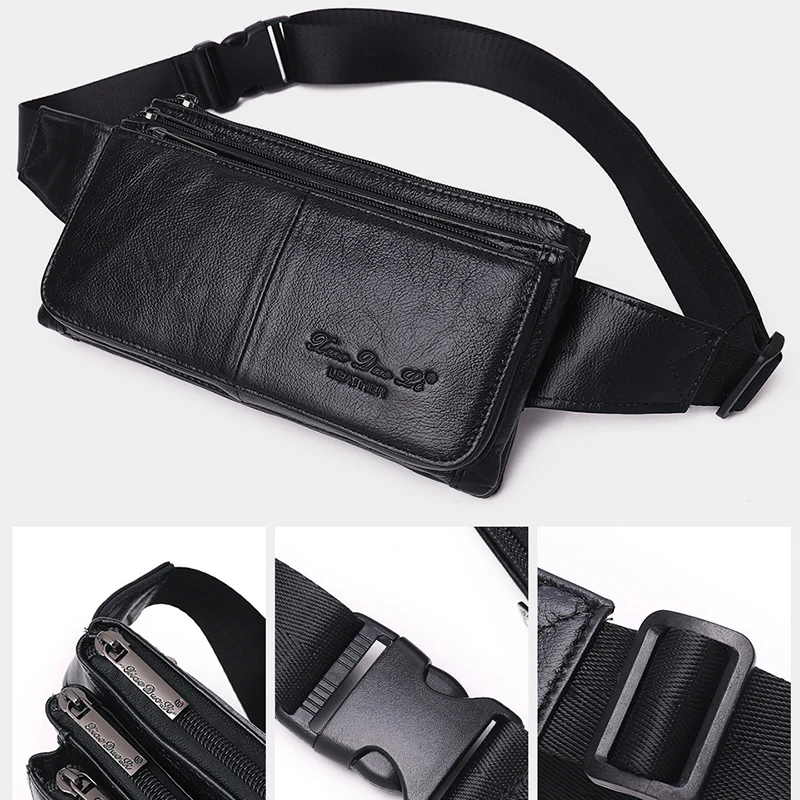 Men Waist Fanny Pack Belt Hip Bag Purse Genuine Leather Travel Fashion Real Cowhide Male Shoulder Sling Chest Cross Body Bag