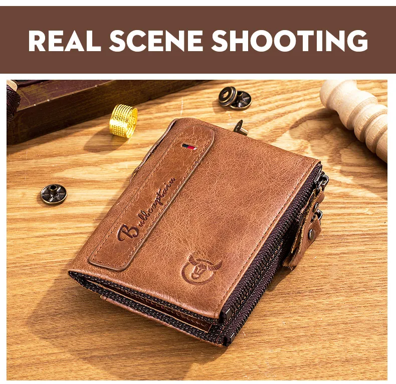 BULLCAPTAIN Retro Leather Men's Wallet Leather Zipper Buckle Short Money Wallet Card Holder Coin Purse RFID Wallet QB06