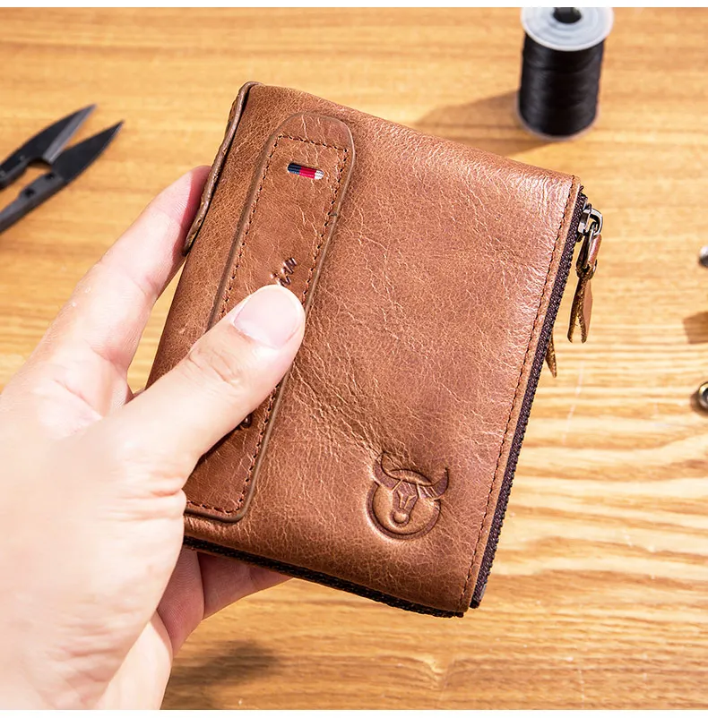 BULLCAPTAIN Retro Leather Men's Wallet Leather Zipper Buckle Short Money Wallet Card Holder Coin Purse RFID Wallet QB06