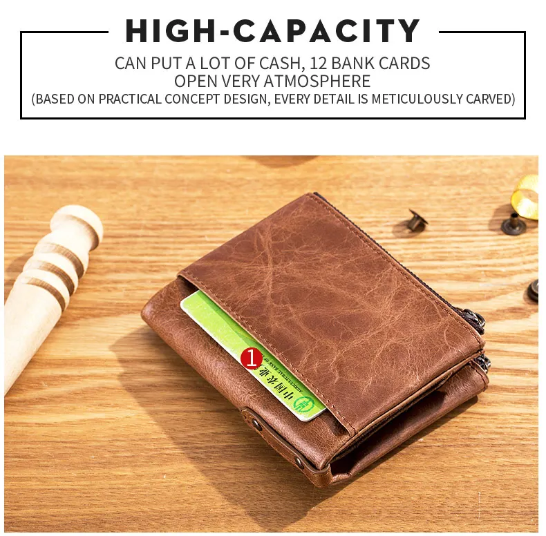 BULLCAPTAIN Retro Leather Men's Wallet Leather Zipper Buckle Short Money Wallet Card Holder Coin Purse RFID Wallet QB06
