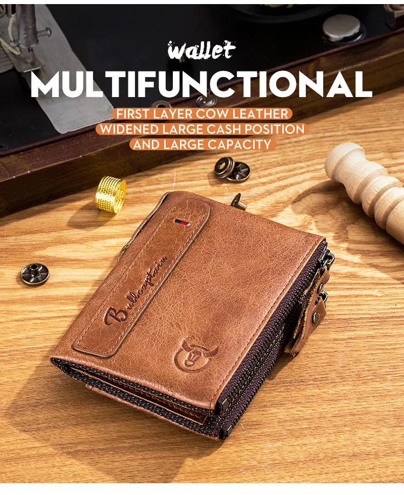 BULLCAPTAIN Retro Leather Men's Wallet Leather Zipper Buckle Short Money Wallet Card Holder Coin Purse RFID Wallet QB06