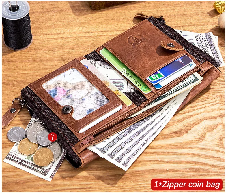 BULLCAPTAIN Retro Leather Men's Wallet Leather Zipper Buckle Short Money Wallet Card Holder Coin Purse RFID Wallet QB06