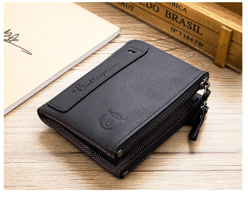 BULLCAPTAIN Retro Leather Men's Wallet Leather Zipper Buckle Short Money Wallet Card Holder Coin Purse RFID Wallet QB06